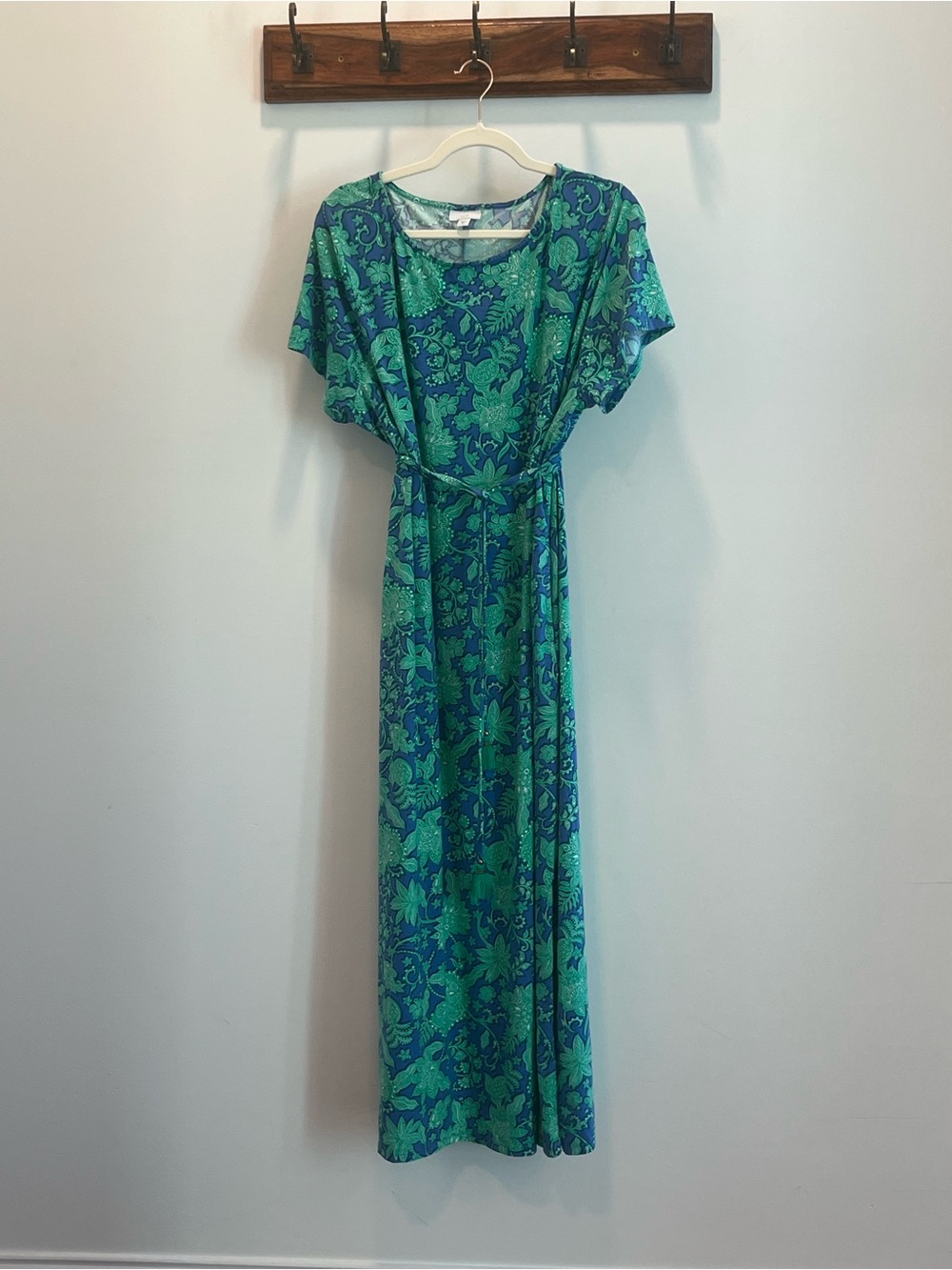 J. Jill Blue and Green Floral Tie-Waist Maxi Dress